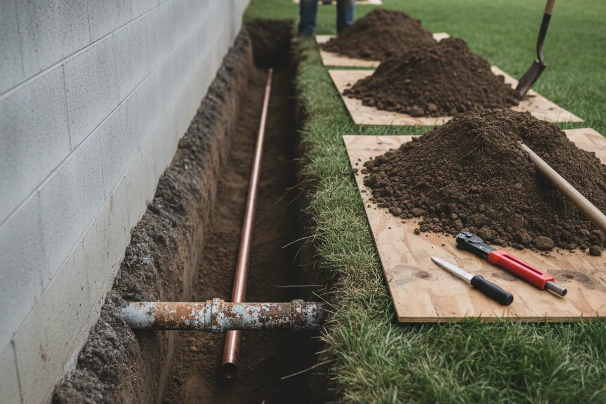 Excavated water line trench during Sewer Line Repair in Buffalo Gap